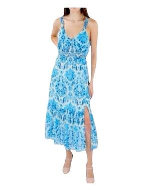 BLACK TAPE_ Blue Damask Print Midi Dress, Smocked Bodice & Back, Size XS.